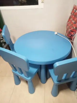 Mesa y 3 Sillas Niños Ikea Azul