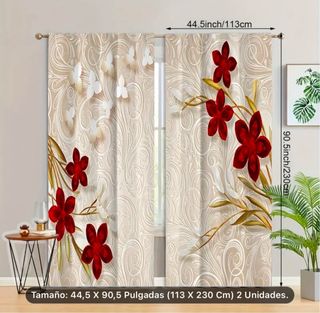 Cortinas Beige y Rojas con Flores