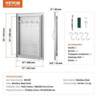 Puerta de Acceso BBQ, Puerta de Cocina Exterior Individual de 610x431 mm, Puerta de Montaje Flush de Acero Inoxidable, Puerta Vertical de Pared con Mango, Ventilaciones y Gancho, para Isla BBQ, Es...