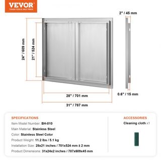 Puerta de Acceso BBQ, Puerta Doble para Cocina Exterior de 787x609 mm, Puerta de Montaje Flush de Acero Inoxidable, Puerta Vertical de Pared con Mangos Rehundidos, para Isla BBQ, Estación de Asado...