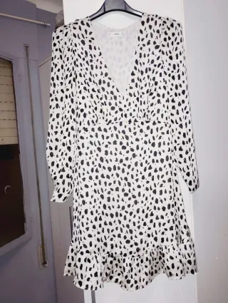 Vestido Mango Seda Estampado Blanco y Negro