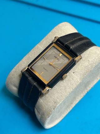Seiko Quarzo Vintage Rettangolare Pelle Nera Oro