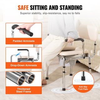 Silla de Comoda, Comoda de Cama con Asiento Acolchado, Brazos Plegables, Altura Ajustable en 7 Niveles, Cubo Removible de 5.8L, Fácil de Montar, Capacidad de 350LBS, Inodoro Portátil para Adultos ...