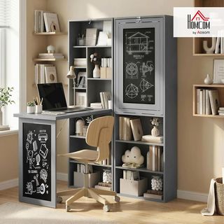 Escritorio Con Librería Y Pizarra, Escritorio Ahorra Espacio Con Tablero Plegable de Madera de Pino, Mesa de Trabajo Con Estantes Regulables, para Habitación, Estudio, Oficina, 98X51X153 Cm, Gris