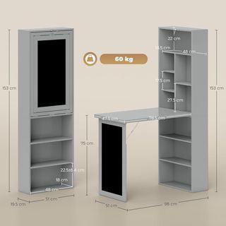 Escritorio Con Librería Y Pizarra, Escritorio Ahorra Espacio Con Tablero Plegable de Madera de Pino, Mesa de Trabajo Con Estantes Regulables, para Habitación, Estudio, Oficina, 98X51X153 Cm, Gris