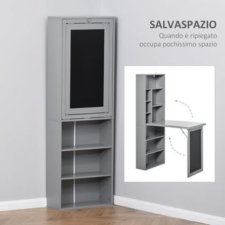 Escritorio Con Librería Y Pizarra, Escritorio Ahorra Espacio Con Tablero Plegable de Madera de Pino, Mesa de Trabajo Con Estantes Regulables, para Habitación, Estudio, Oficina, 98X51X153 Cm, Gris