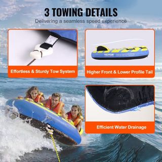 Tubo Remolcable para Navegar, Tubo Inflable Remolcable para 1-3 Pasajeros con Aletas de Protección, Tubos de Deporte Acuático Remolcables de 510 lbs para Barcos, Cubierta de Nylon Completa, Asas d...