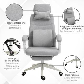 Silla De Oficina Ergonómica, Silla De Escritorio Con Ruedas, Cojín Lumbar, Reposacabezas Y Reposapiés Extraíble, Gris 62X68X117-127Cm