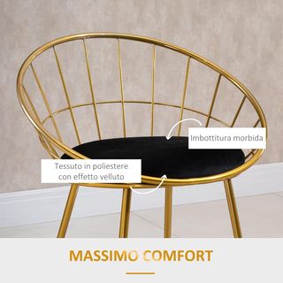 Conjunto de 2 Taburetes Altos, Taburetes de Cocina con Respaldo y Reposapiés para Salón o Cocina Estilo Moderno, Cojín de Terciopelo y Estructura de Metal, 52.5X47X97Cm, Negro y Oro