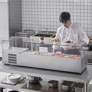 Estación de Preparación de Condimentos Refrigerada, Estación de Condimentos Refrigerada de 155 W para Encimera, con 4 Bandejas de 1/3 y 4 Bandejas de 1/6, Cuerpo de Acero Inoxidable 304 y Tapa de ...