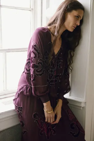 Vestido boho morado bordado talla única