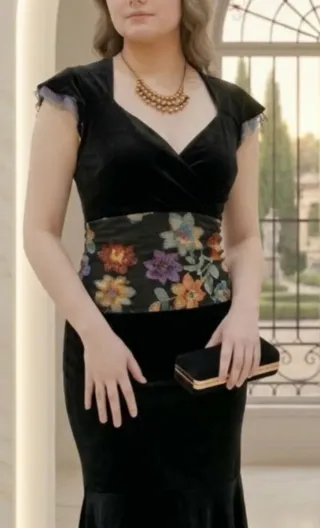 Vestido fiesta negro floral terciopelo