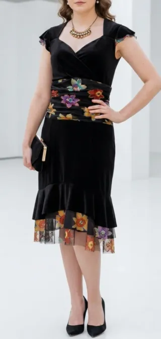 Vestido fiesta negro floral terciopelo