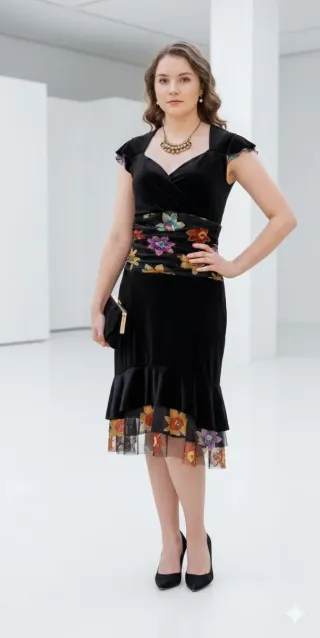 Vestido fiesta negro floral terciopelo