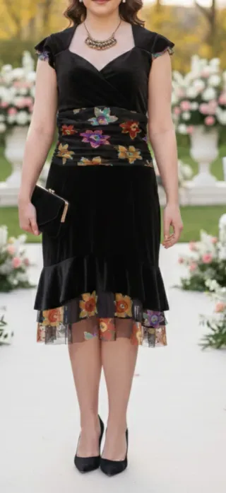 Vestido fiesta negro floral terciopelo