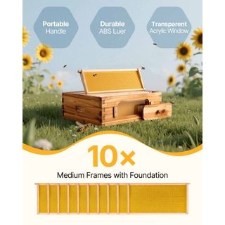 Kit de Inicio de Caja Media para Colmenas, Madera de Abeto Natural Recubierta de Cera de Abeja al 100%, Kit de Colmena Langstroth con 10 Marcos y Fundaciones, Ventanas Acrílicas Transparentes para...