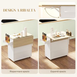 Isla de Cocina Con Mesa Plegable, Cajón, Armario de 2 Puertas, Porta Especias y Porta Toallas, Mueble de Cocina Con Estante Regulable y Ruedas con Freno, 106X42X87 Cm, Blanco