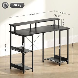 Escritorio para Computadora Reversible con Estantes, 120X50 Cm Escritorio de Oficina con Tomas de Corriente y Luces LED, Mesa para PC de Estudio con Doble Soporte para Monitor, Negro