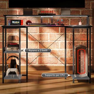 Escritorio para Computadora Reversible con Estantes, 120X50 Cm Escritorio de Oficina con Tomas de Corriente y Luces LED, Mesa para PC de Estudio con Doble Soporte para Monitor, Negro