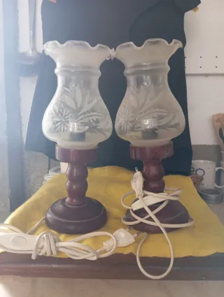 Juego 2 Lámparas Mesa Madera Vidrio Estilo vintago