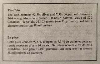 Moneta in Argento 20 Dollari Canadesi. 1 Oncia Troy.