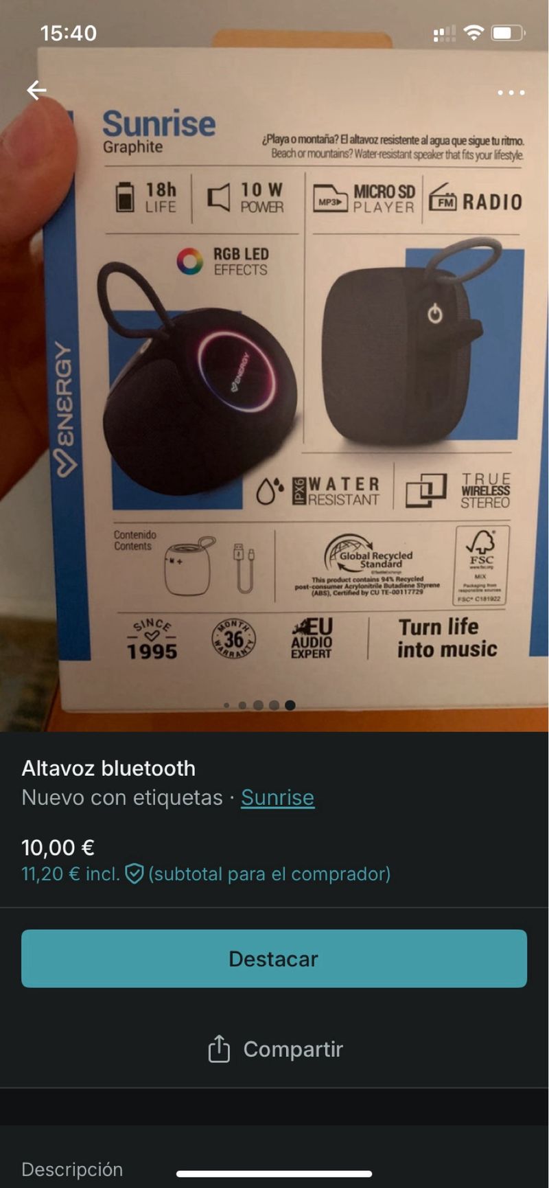 Altavoz Bluetooth Energy Sistem Sunrise afbeelding 4