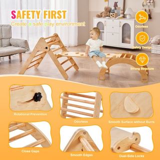 Conjunto de Triángulo Pikler, Juguetes de Escalada para Niños de 5 en 1, Parque Infantil Interior, Conjunto de Escalada Montessori con Triángulo, Rampas y Arco, Gimnasio de Escalada de Madera de G...