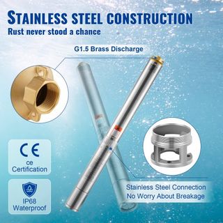 Bomba Sumergible de Pozo Profundo, 1500W 230V 60Hz, 9.8 m³/h 108 m de Altura, con Cable de 19.4 m y Caja de Control Externa, Bombas de Agua de Acero Inoxidable para Uso Industrial, Irrigación y Ho...