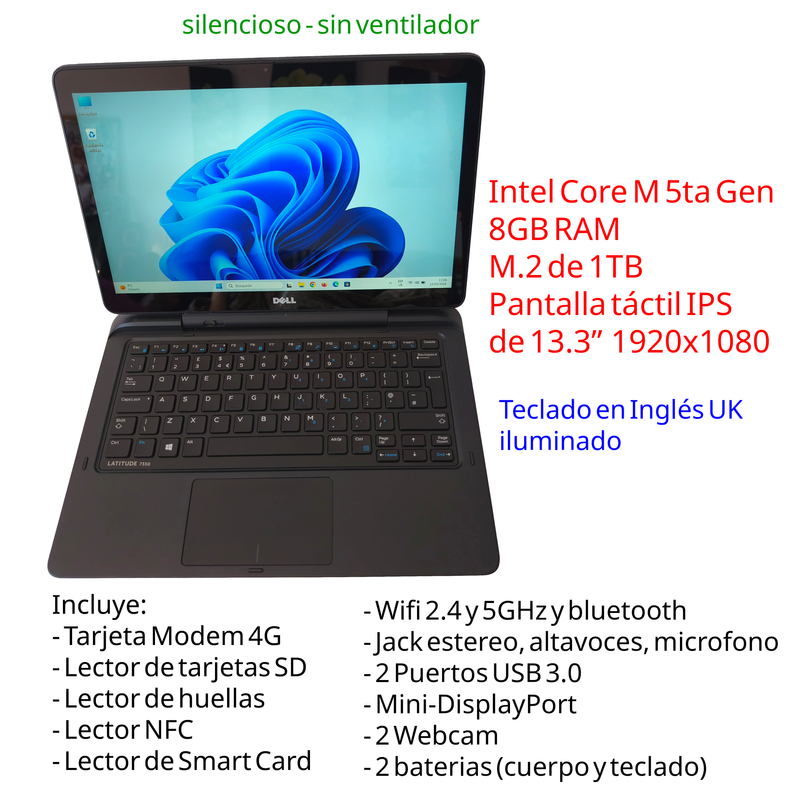 Portatil tablet Dell 7350 1TB 8GB + Office + Win11 afbeelding 3