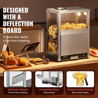Calentador Comercial de Nachos, Máquina Calentadora de 80L con Base Calentadora y Luz de Calentamiento, Máquina de Nachos con Tablero de Deflexión, Acero Inoxidable, para Nachos, Palomitas, Papas ...