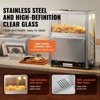 Calentador Comercial de Nachos, Máquina Calentadora de 80L con Base Calentadora y Luz de Calentamiento, Máquina de Nachos con Tablero de Deflexión, Acero Inoxidable, para Nachos, Palomitas, Papas ...