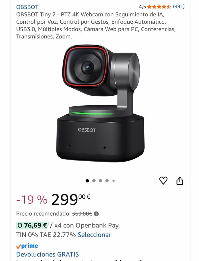Obsbot Tiny 2 Cámara PTZ 4K afbeelding 5