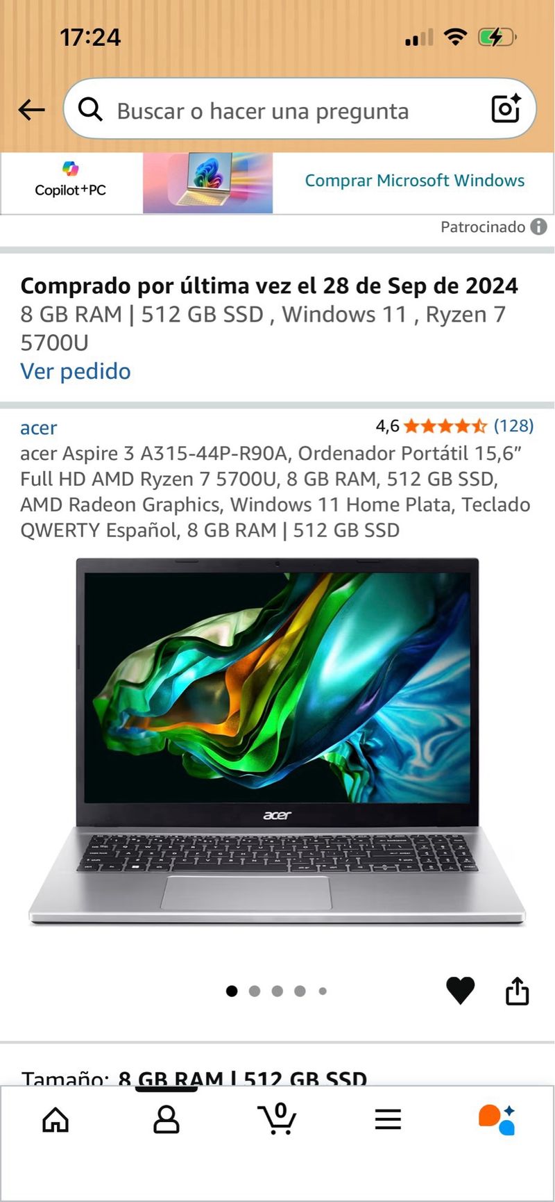 Portátil Acer con dos memorias RAM de 16g cada una