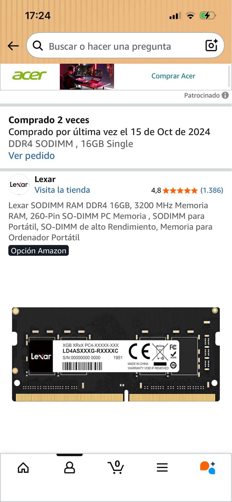 Portátil Acer con dos memorias RAM de 16g cada una afbeelding 2