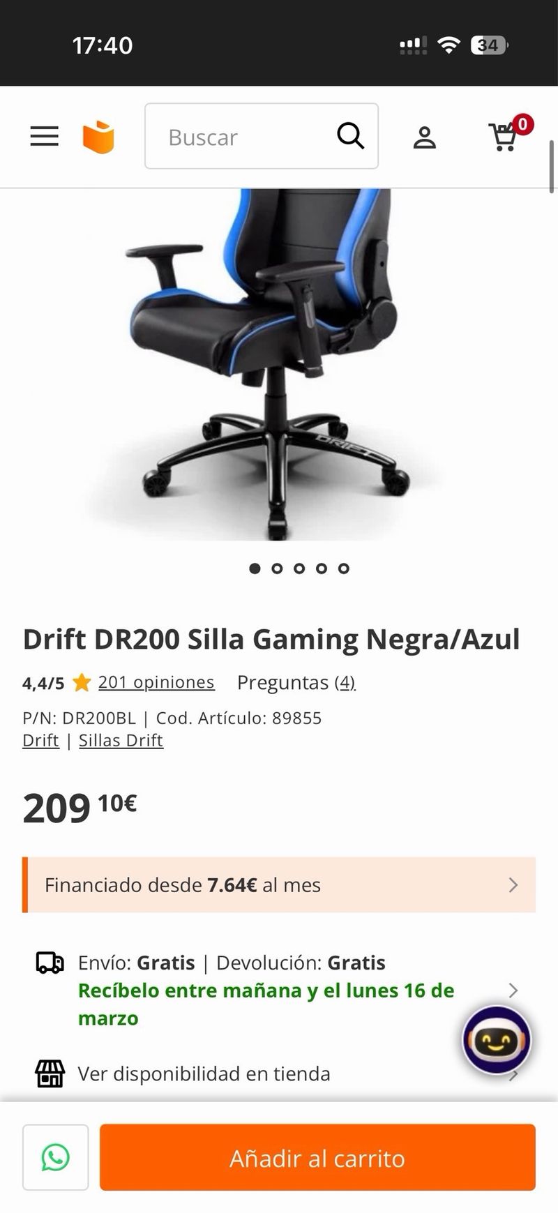Silla Gaming AKRacing Negra y Azul afbeelding 7