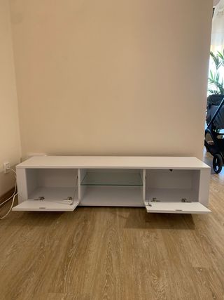 Mueble TV Blanco 2 Cajones y Estante Cristal