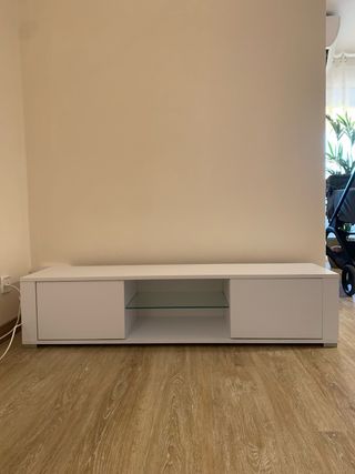 Mueble TV Blanco 2 Cajones y Estante Cristal