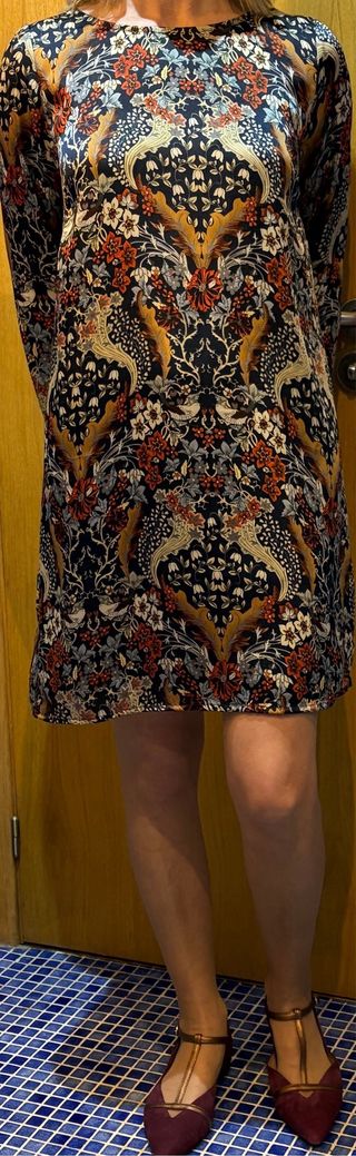 Vestido midi manga larga poliéster estampado