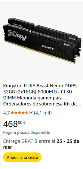 Memoria RAM Kingston DDR5 32GB (2x16GB) 5600MT/s