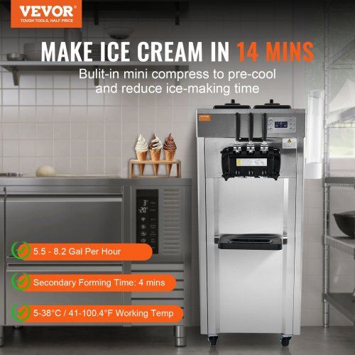 Máquina de Helados Comercial, Rendimiento de 21-31 L/H, 1670W Fabricador de Helados Suaves de 3 Sabores, 2 x 4.3L de Tolva de Acero Inoxidable, Panel LED, Auto Limpieza, Refrigeración Nocturna, pa...