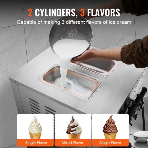 Máquina de Helados Comercial, Rendimiento de 21-31 L/H, 1670W Fabricador de Helados Suaves de 3 Sabores, 2 x 4.3L de Tolva de Acero Inoxidable, Panel LED, Auto Limpieza, Refrigeración Nocturna, pa...
