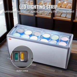 Vitrina de Helados Comercial, Congelador de Cofre de 567 L, Congelador Profundo de Cristal Móvil, Gabinete de Dipping de Gelato para Restaurante con 12 Tinas Grandes, 2 Puertas de Cristal Deslizan...