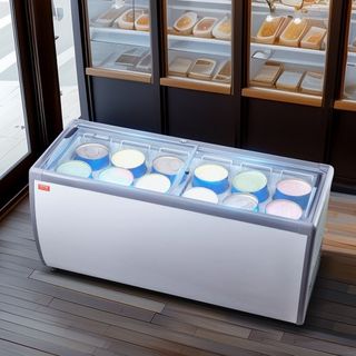 Vitrina de Helados Comercial, Congelador de Cofre de 567 L, Congelador Profundo de Cristal Móvil, Gabinete de Dipping de Gelato para Restaurante con 12 Tinas Grandes, 2 Puertas de Cristal Deslizan...