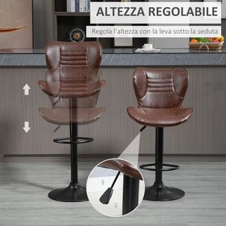 Conjunto de 2 Taburetes de Bar Altos de Piel Sintética, Taburetes de Cocina con Altura Regulable, Asiento Giratorio y Reposapiés, Marrón