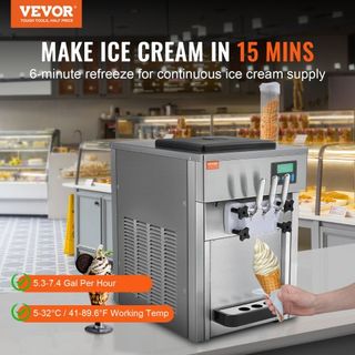 Máquina de Helados Comercial, Rendimiento de 21 QT/H, 1800W Fabricante de Helados Suaves de 3 Sabores de Encimera, 2 x 4L Tolva 2 x 1.8L Cilindro, Panel LCD Auto Limpieza Pre-enfriamiento, para Re...