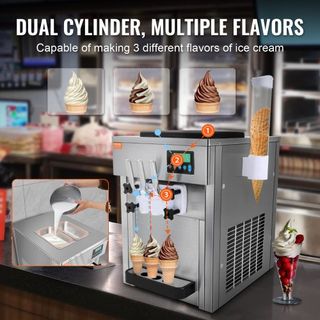 Máquina de Helados Comercial, Rendimiento de 21 QT/H, 1800W Fabricante de Helados Suaves de 3 Sabores de Encimera, 2 x 4L Tolva 2 x 1.8L Cilindro, Panel LCD Auto Limpieza Pre-enfriamiento, para Re...