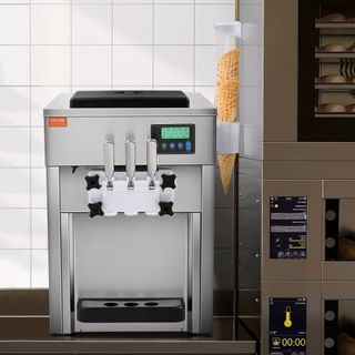 Máquina de Helados Comercial, Rendimiento de 21 QT/H, 1800W Fabricante de Helados Suaves de 3 Sabores de Encimera, 2 x 4L Tolva 2 x 1.8L Cilindro, Panel LCD Auto Limpieza Pre-enfriamiento, para Re...