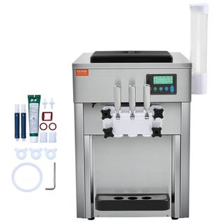 Máquina de Helados Comercial, Rendimiento de 21 QT/H, 1800W Fabricante de Helados Suaves de 3 Sabores de Encimera, 2 x 4L Tolva 2 x 1.8L Cilindro, Panel LCD Auto Limpieza Pre-enfriamiento, para Re...