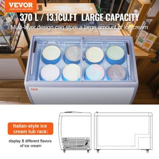 Vitrina de Helados Comercial, Congelador Horizontal de 370 L, Congelador Profundo Móvil con Tapa de Vidrio, Gabinete de Dipping de Gelato para Restaurante con 8 Grandes Tinas, 2 Puertas de Vidrio ...
