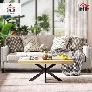 Mesa de Café en Estilo Industrial con Patas Cruzadas y Pies Antideslizantes, Mesa Baja de Madera y Acero, 110X60X45 Cm, Negro y Color Madera